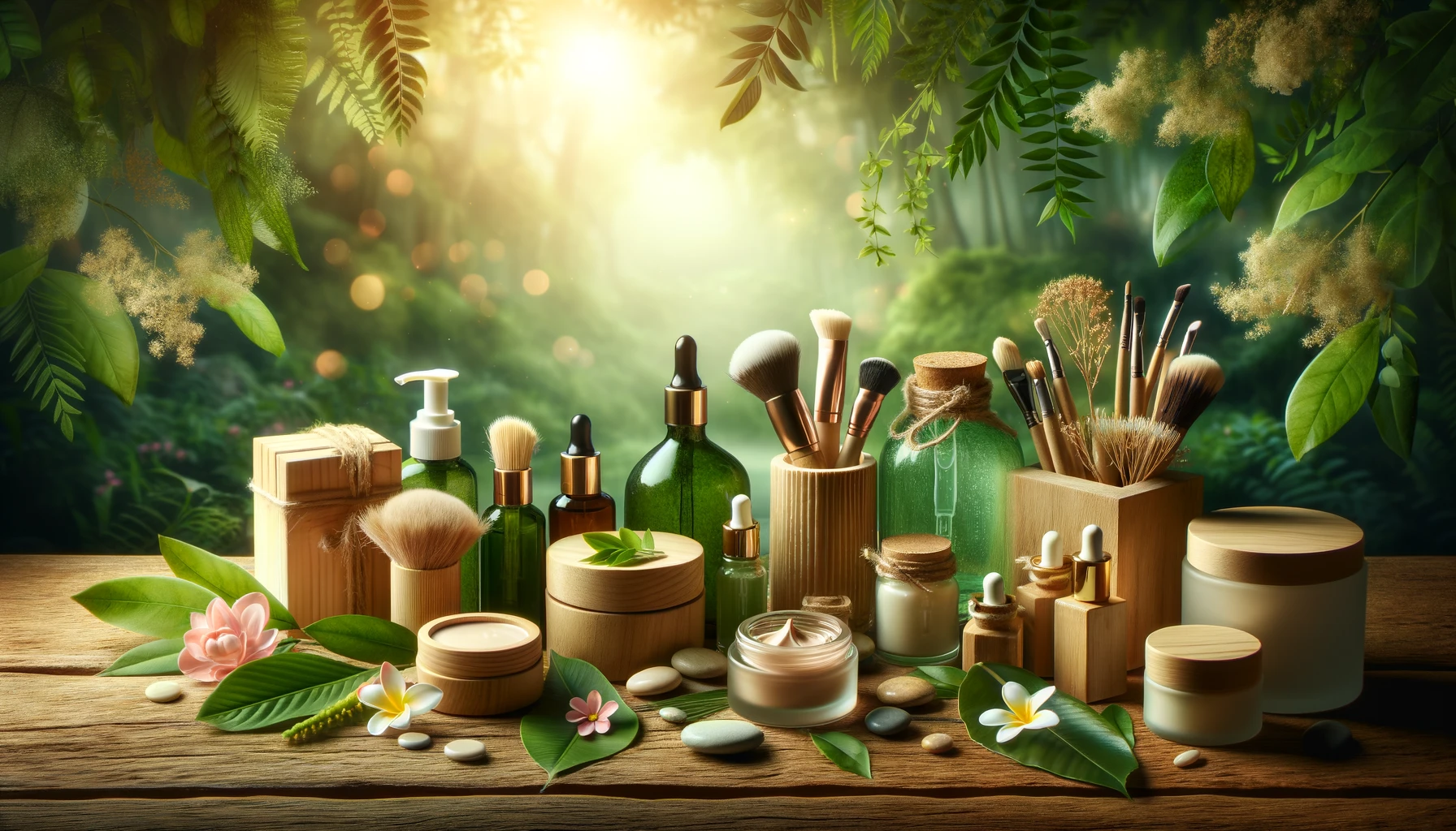 Eco-friendly beauty products are located in a natural setting. 