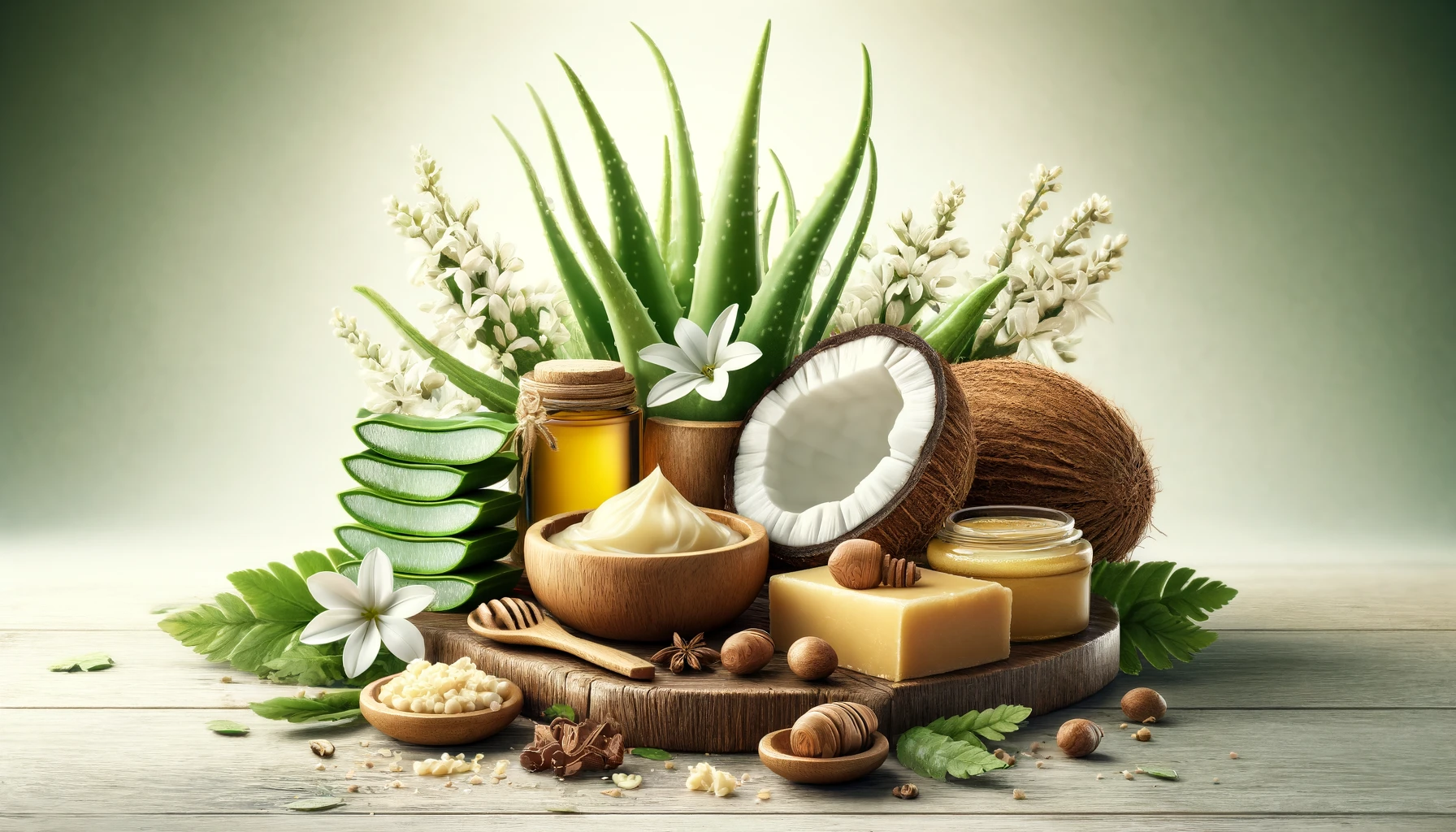 Eco-friendly cosmetic ingredients such as aloe vera, shea butter, coconut oil, and beeswax.