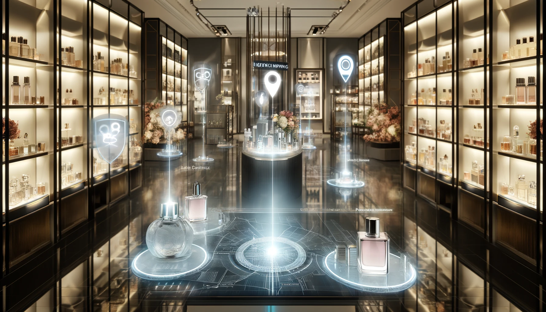 A modern perfume store with advanced technology integrated into the shopping experience.