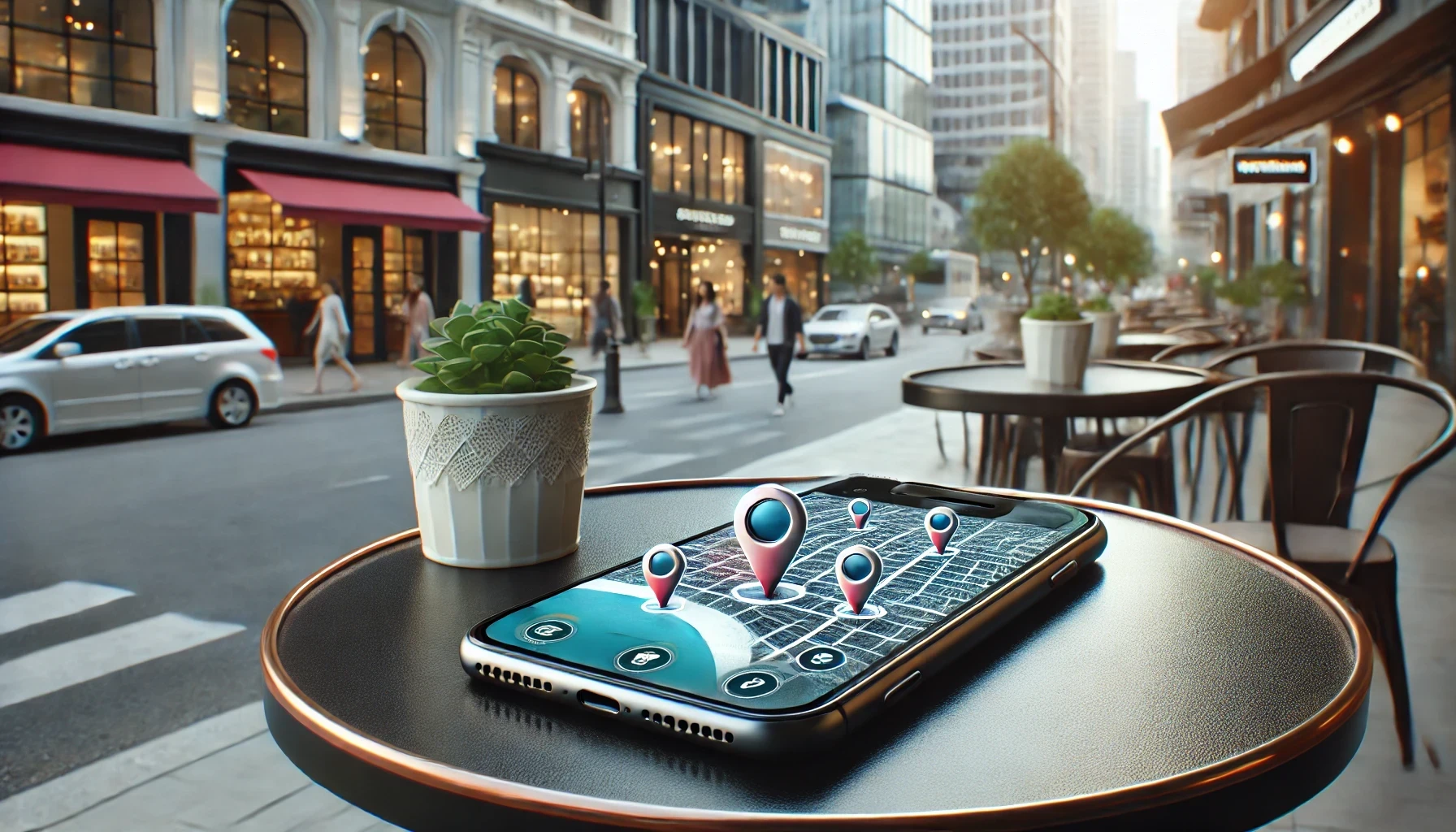 A smartphone is lying on a modern café table, with a location tracking app open on the screen.