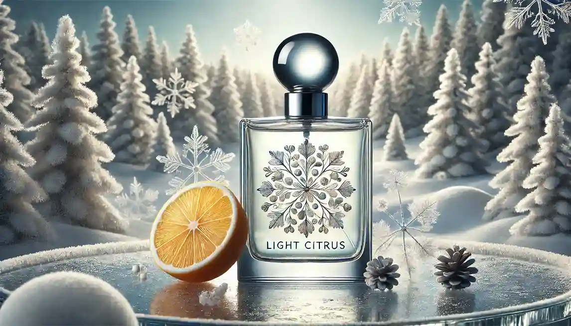 A perfume bottle representing light citrus notes. The bottle is elegant and simple, placed against a backdrop of a winter landscape with snow-covered trees and frost patterns.