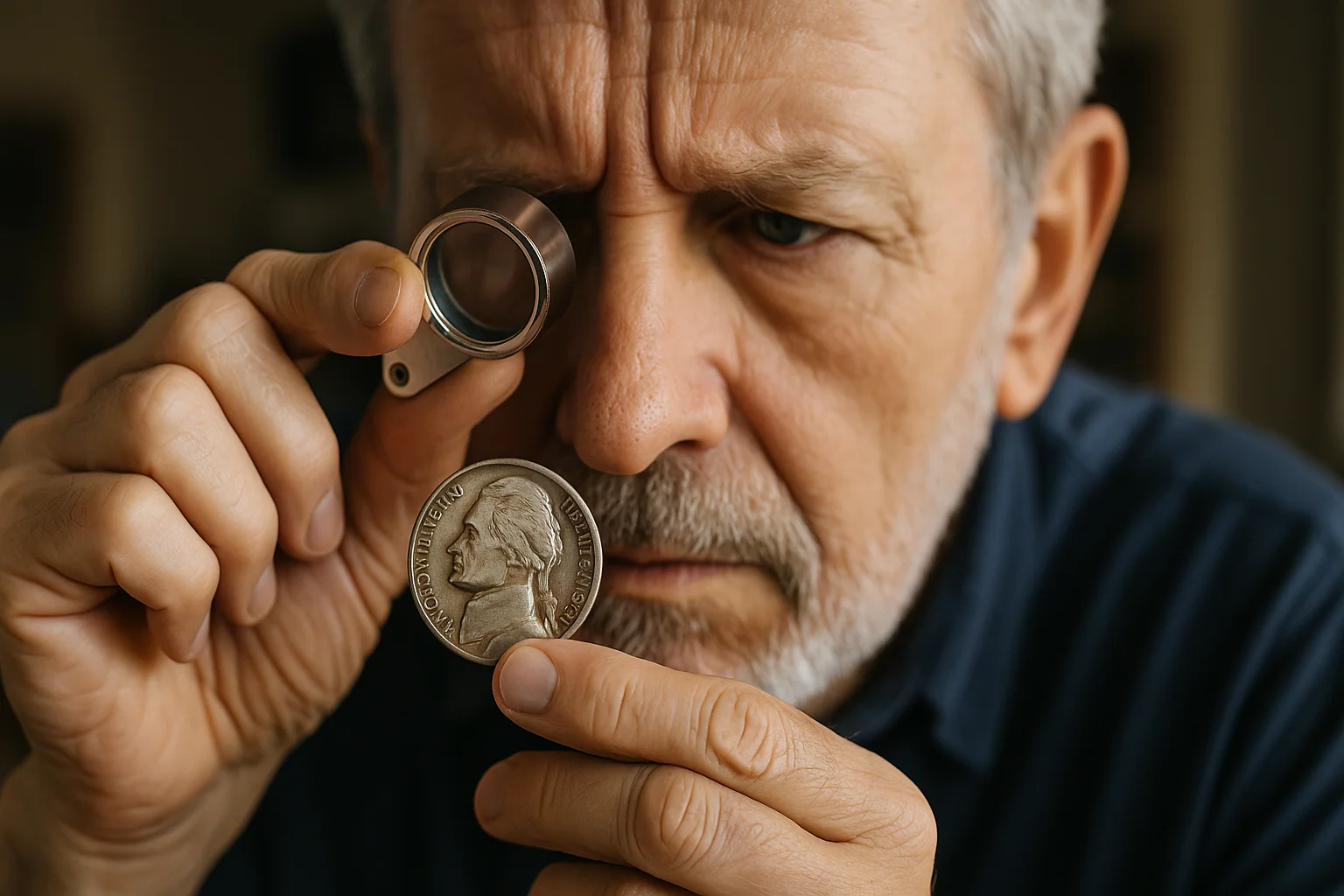 An elderly man inspects a 1940 Jefferson nickel through a magnifying glass, focusing on its fine details.