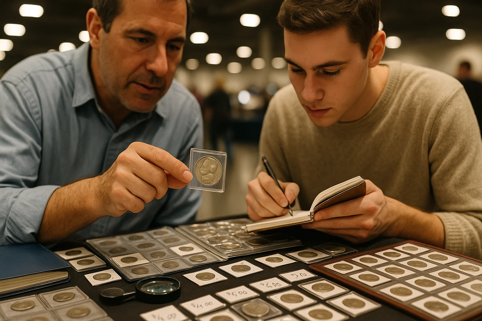 Two collectors at a coin show examine a 1940 Jefferson nickel, with one holding it in a case while the other takes notes.