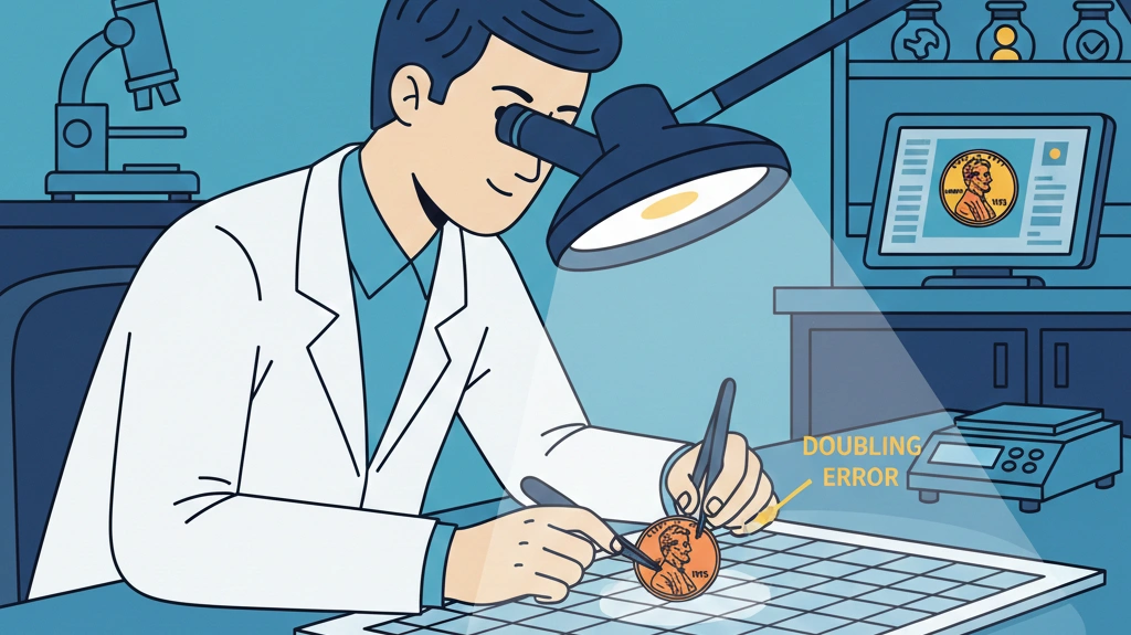 Professional coin grading room with a 1995 D penny being inspected for doubling error, expert with magnifier lamp